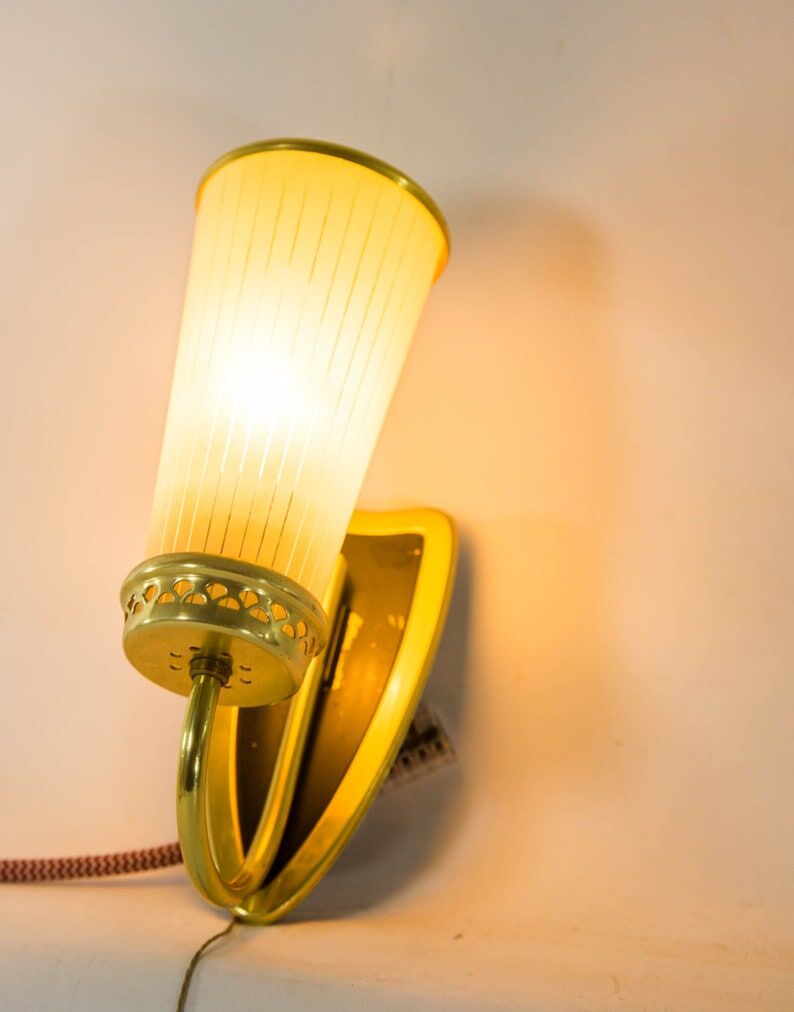 Brass wall lamp and glass with fine stripes mid-century