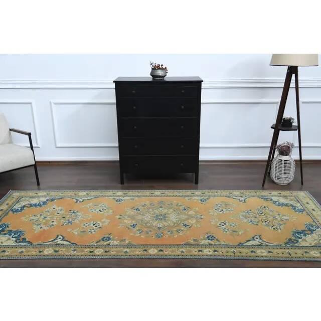 1970s Vintage Turkish Oushak Handmade Wool Cotton Orange Runner Rug 117x312
