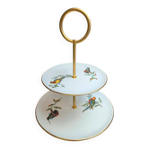 Serviteur muet 2 étages en faïence de Gien – Oiseaux exotiques – Métal doré