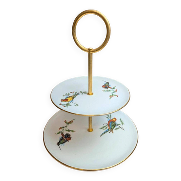 Serviteur muet 2 étages en faïence de Gien – Oiseaux exotiques – Métal doré