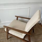 Scandinavian style armchair in wood and ecru fabric, 1950-1960
