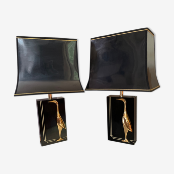 Pair of 1980s lamps in black varnished wood and brass birds