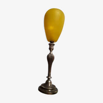 Lampe bronze abat-jour verre jaune opaque 1940 environ ,,57x15