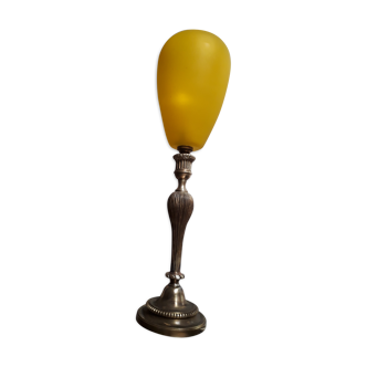 Lampe bronze abat-jour verre jaune opaque 1940 environ ,,57x15