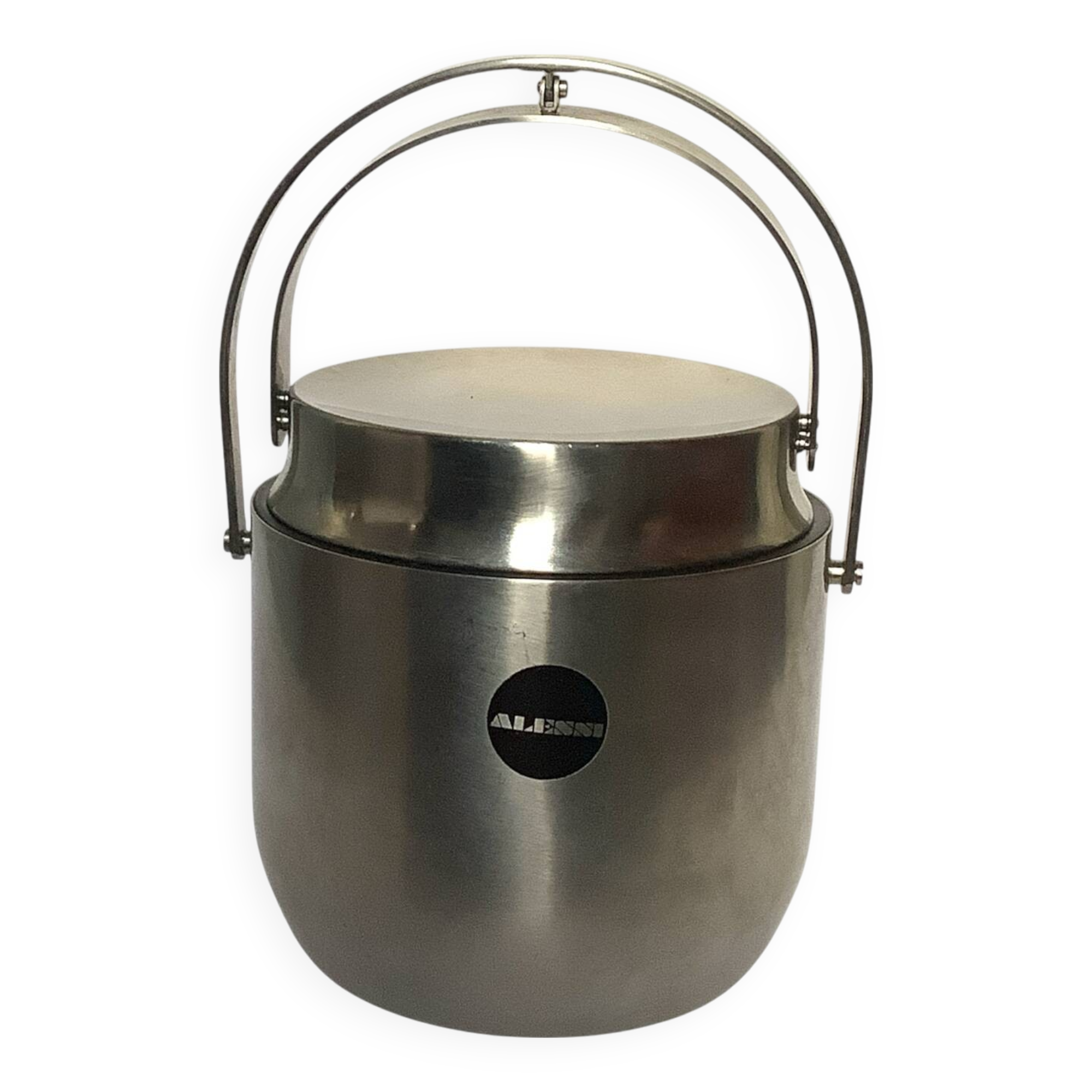 Vintage Alessi ice bucket with mechanical lid designed by Anselmo Vita