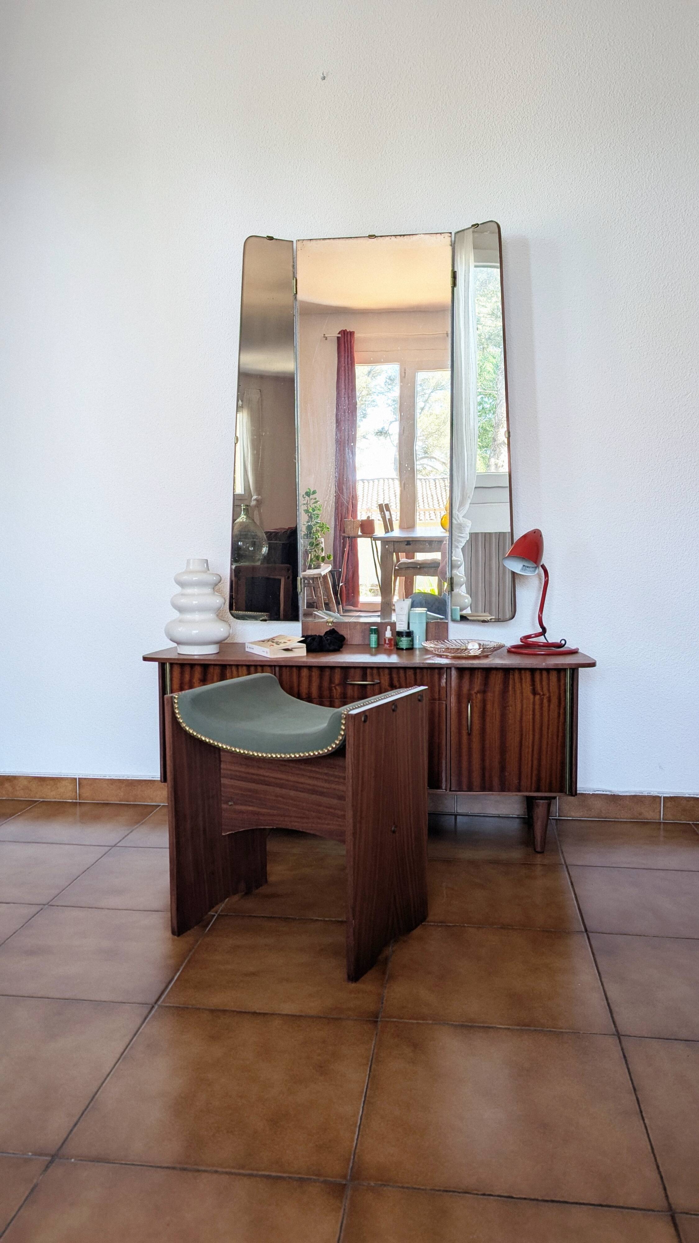Vintage 70s dressing table with triptych mirror and matching bench.