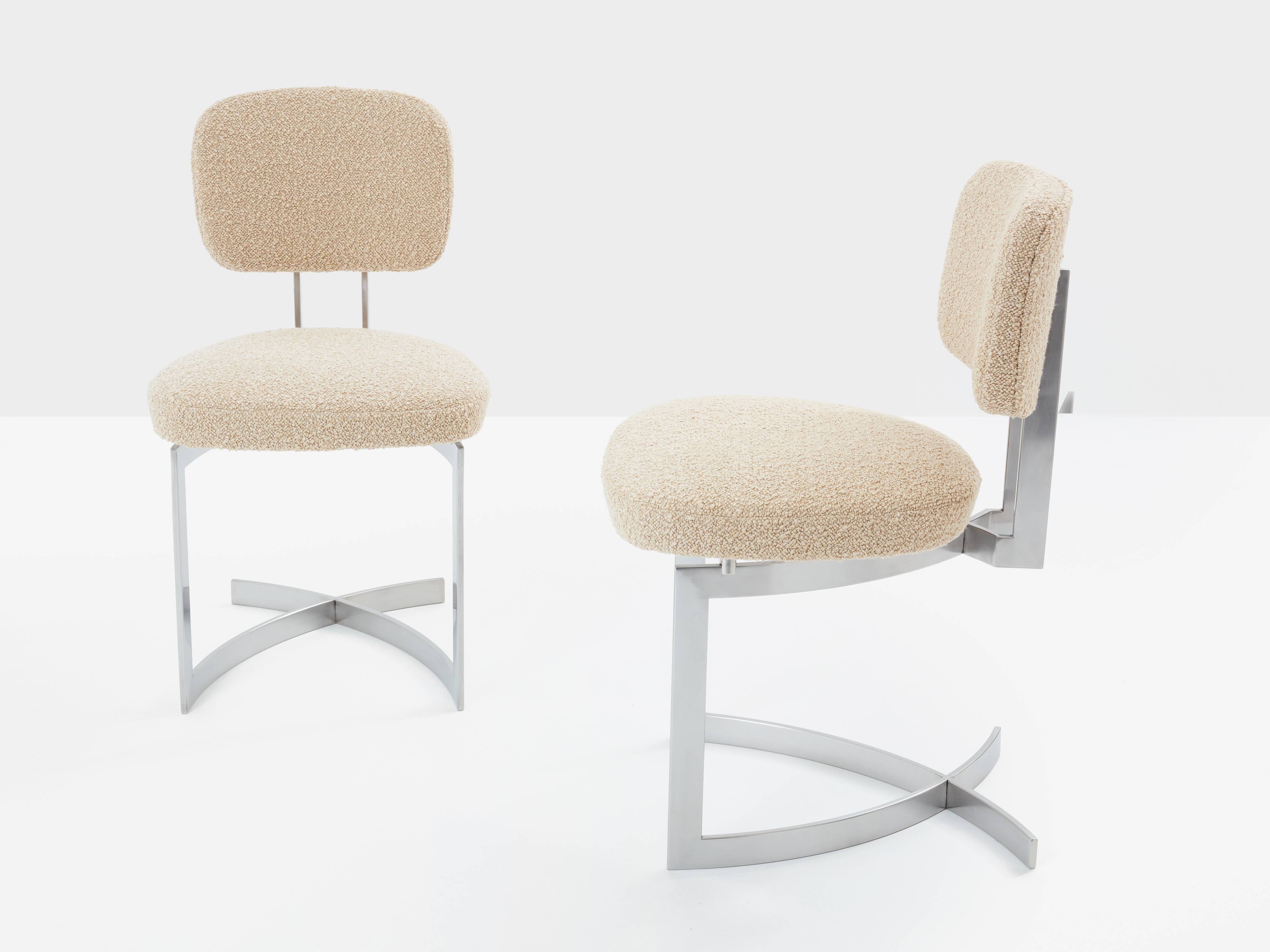 Paul Legeard set of 12 stainless steel and curly wool chairs 1970