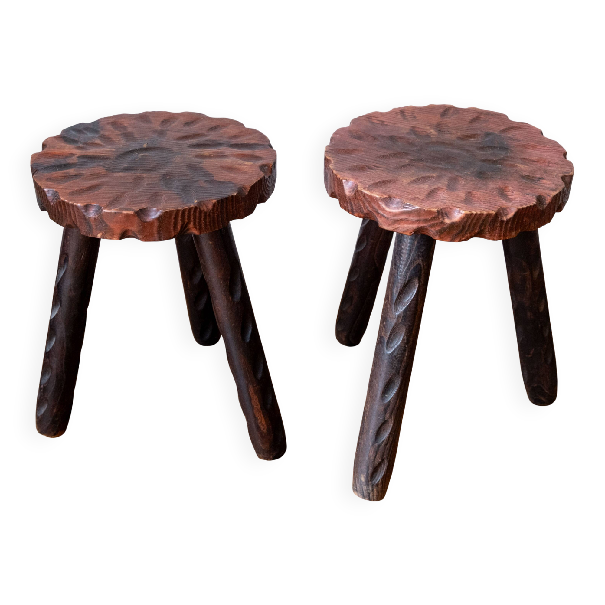 Set of two vintage round tripod stools, wooden farm stools.