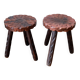 Set of two vintage round tripod stools, wooden farm stools.