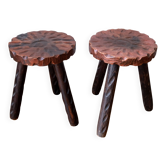 Lot de deux tabourets ronds tripodes vintage, tabourets de ferme en bois.