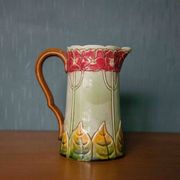 Vintage old earthenware pitcher, French pitcher, Art Nouveau, floral pattern pitcher, kitchen decor