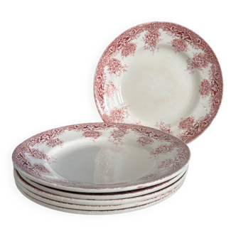 1900s Set of 6 flat plates, vintage red pink ironstone Prima old tableware, St Amand factory