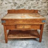 Table de boucher française vintage – Bloc de hêtre des années 1960 – Table de boucher avec tiroir et étagère