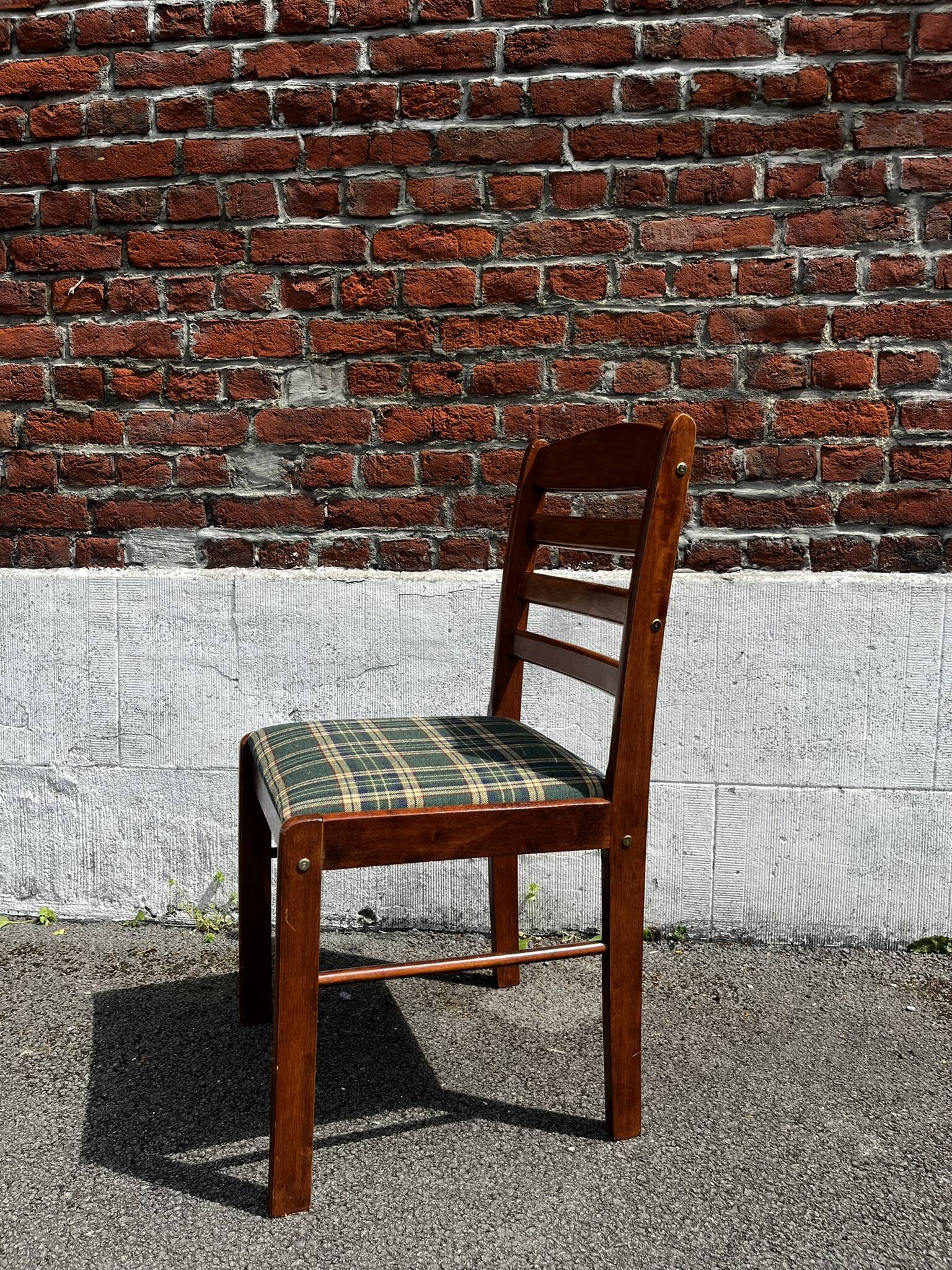 Lot of 3 vintage checkered wood and fabric chairs.