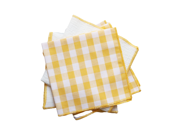 Set of 4 yellow vichy towels & white cotton gas