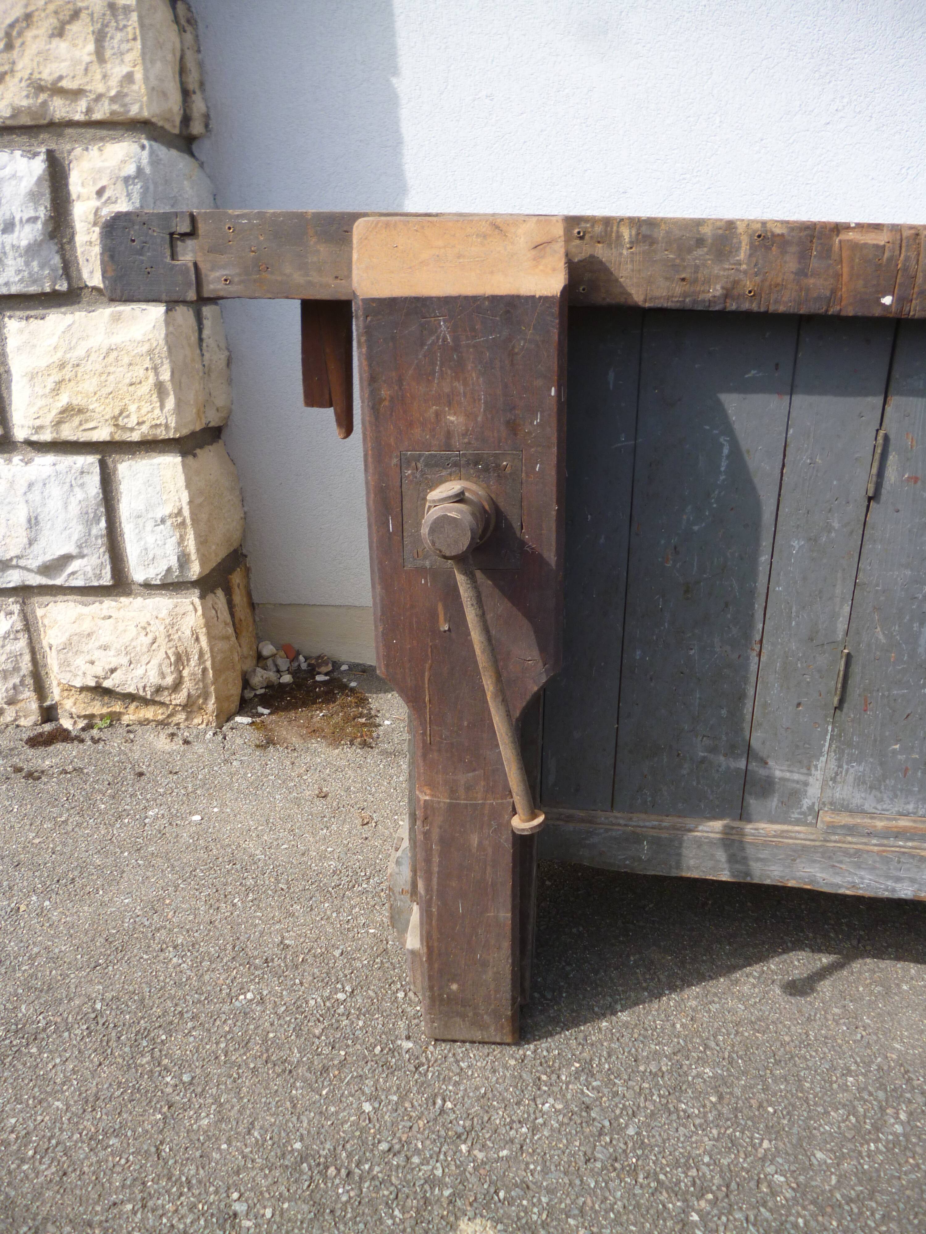 Peugeot brand old green patina wooden workbench