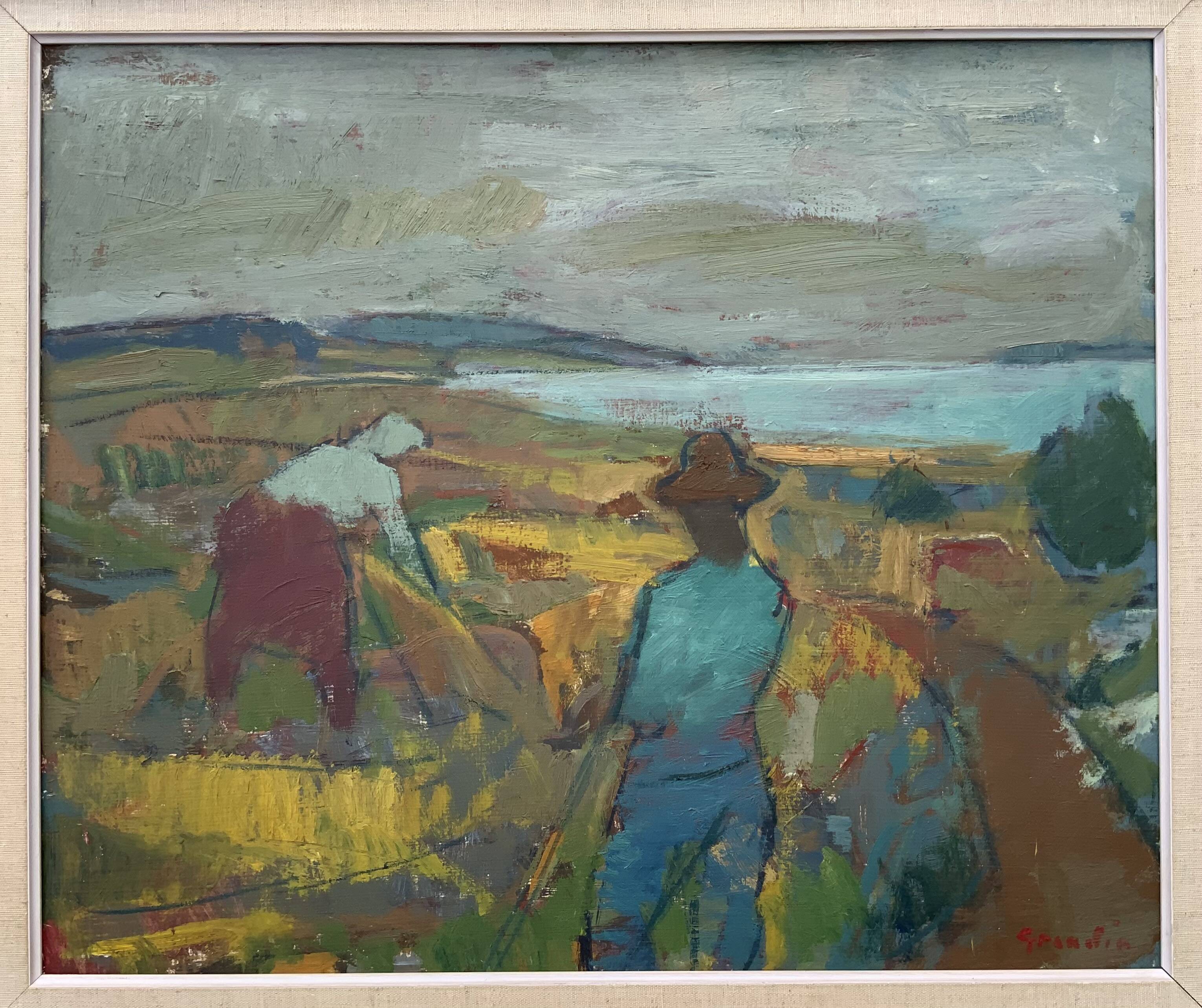 Svan Grandin (1906-1982) Peinture à l'huile vintage Paysage "Les Moissonneurs"