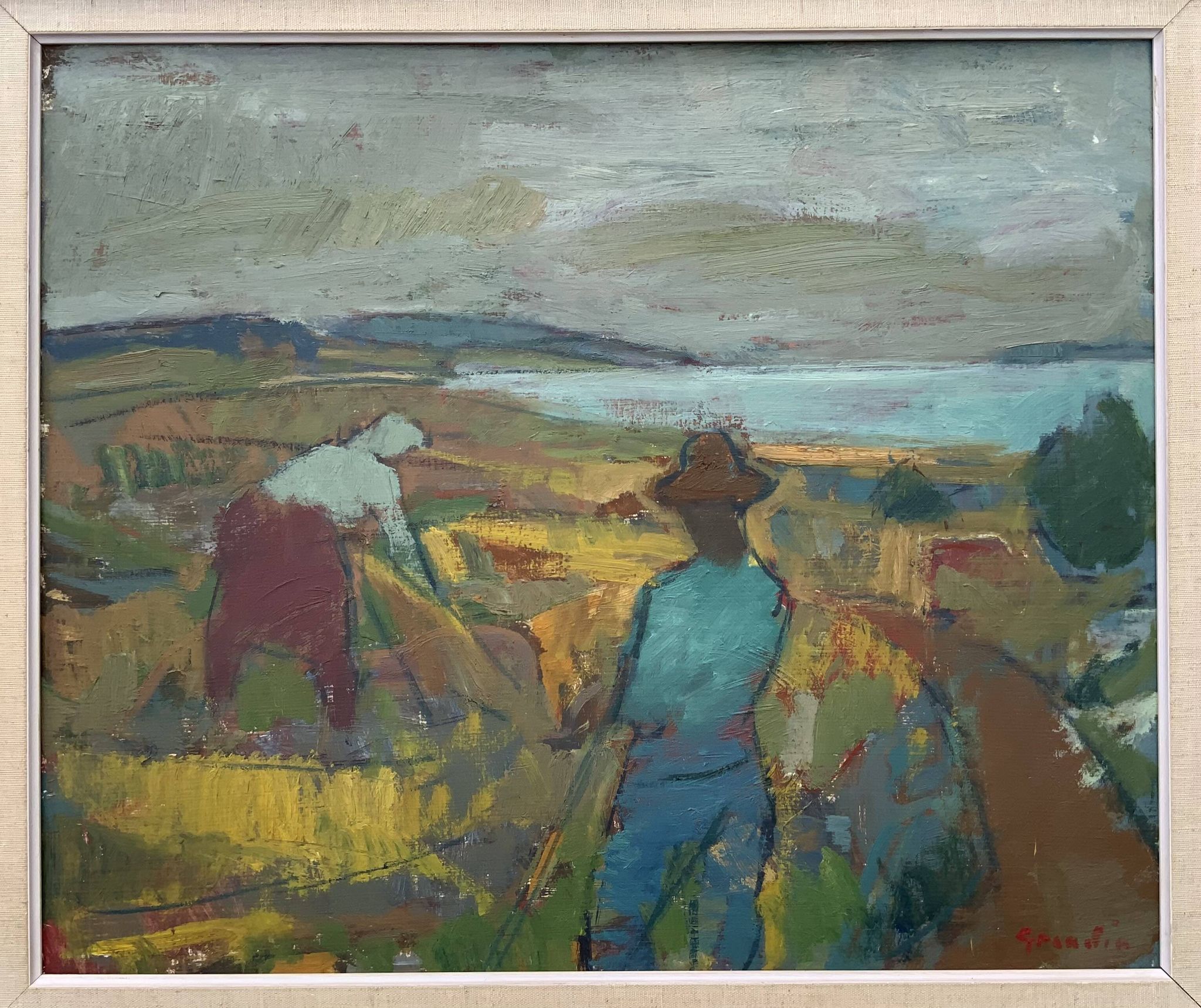 Svan Grandin (1906- 1982) Vintage Oil Painting Landscape “Harvesters”
