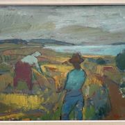Svan Grandin (1906- 1982) Vintage Oil Painting Landscape “Harvesters”