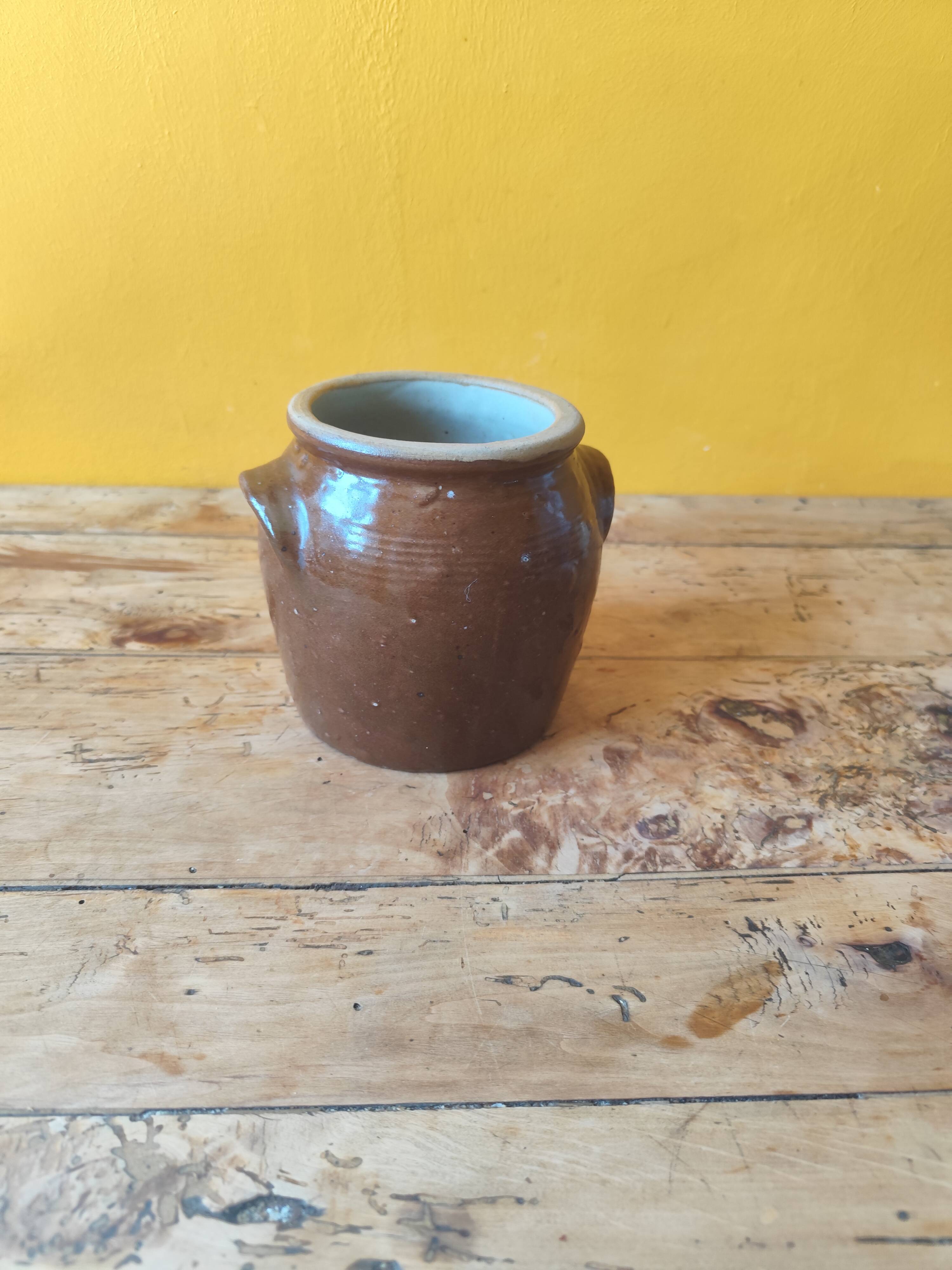 Brown glazed stoneware pot - antique glazed ceramic utensil holder