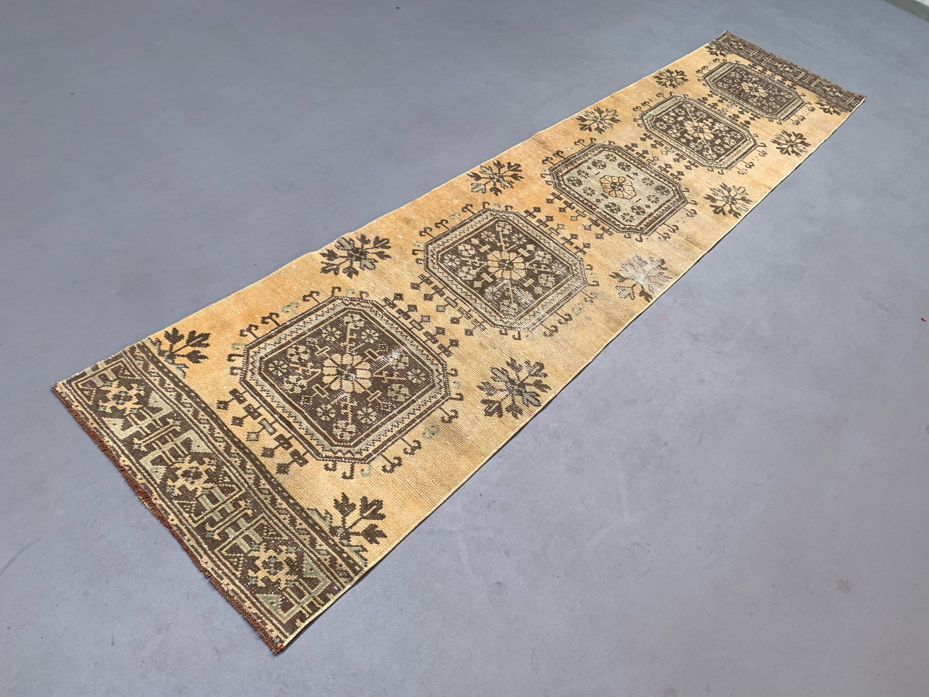 Distressed turkish runner 350x75 cm wool vintage tribal rug