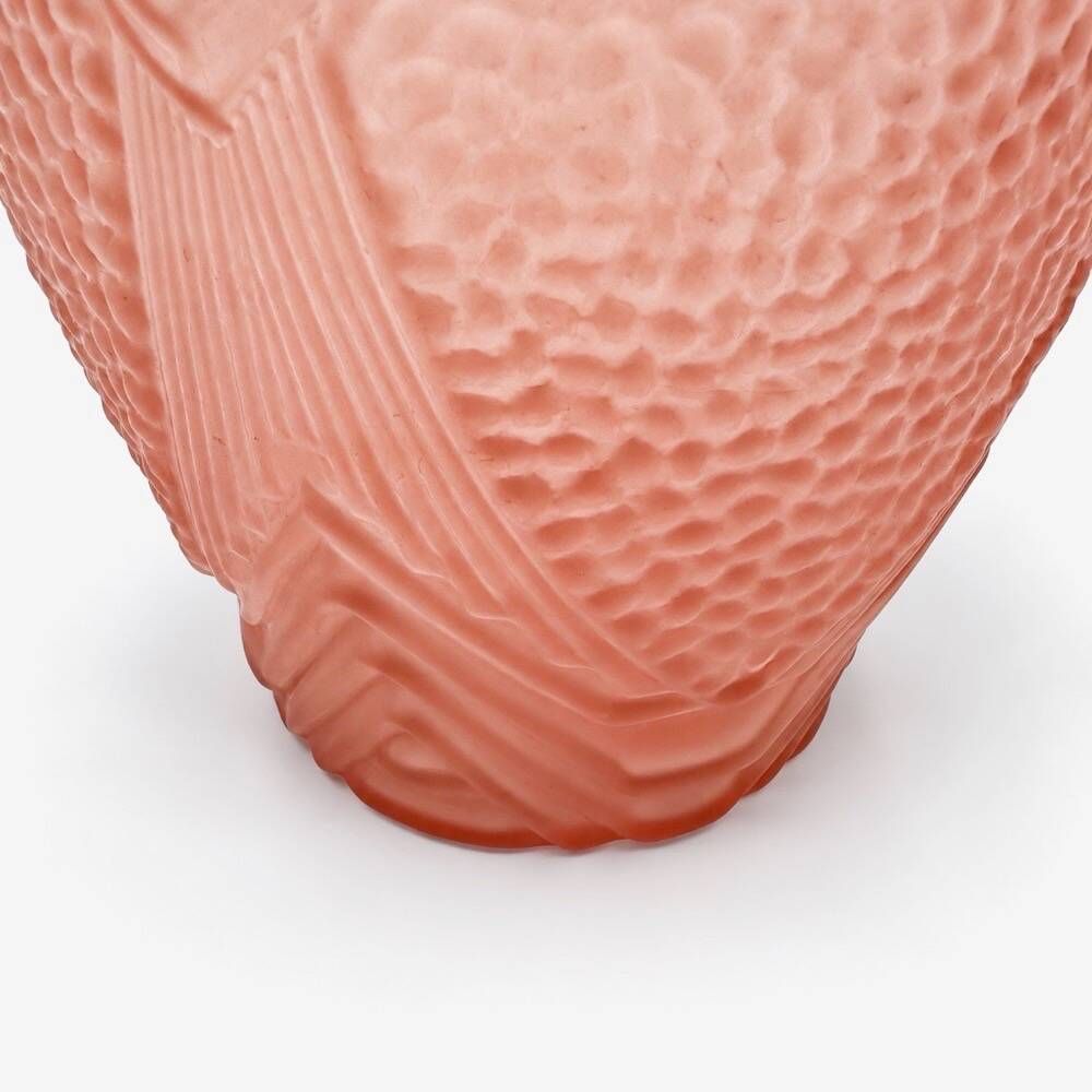 Art Deco vase, pressed moulded glass, pink with geometric decoration.