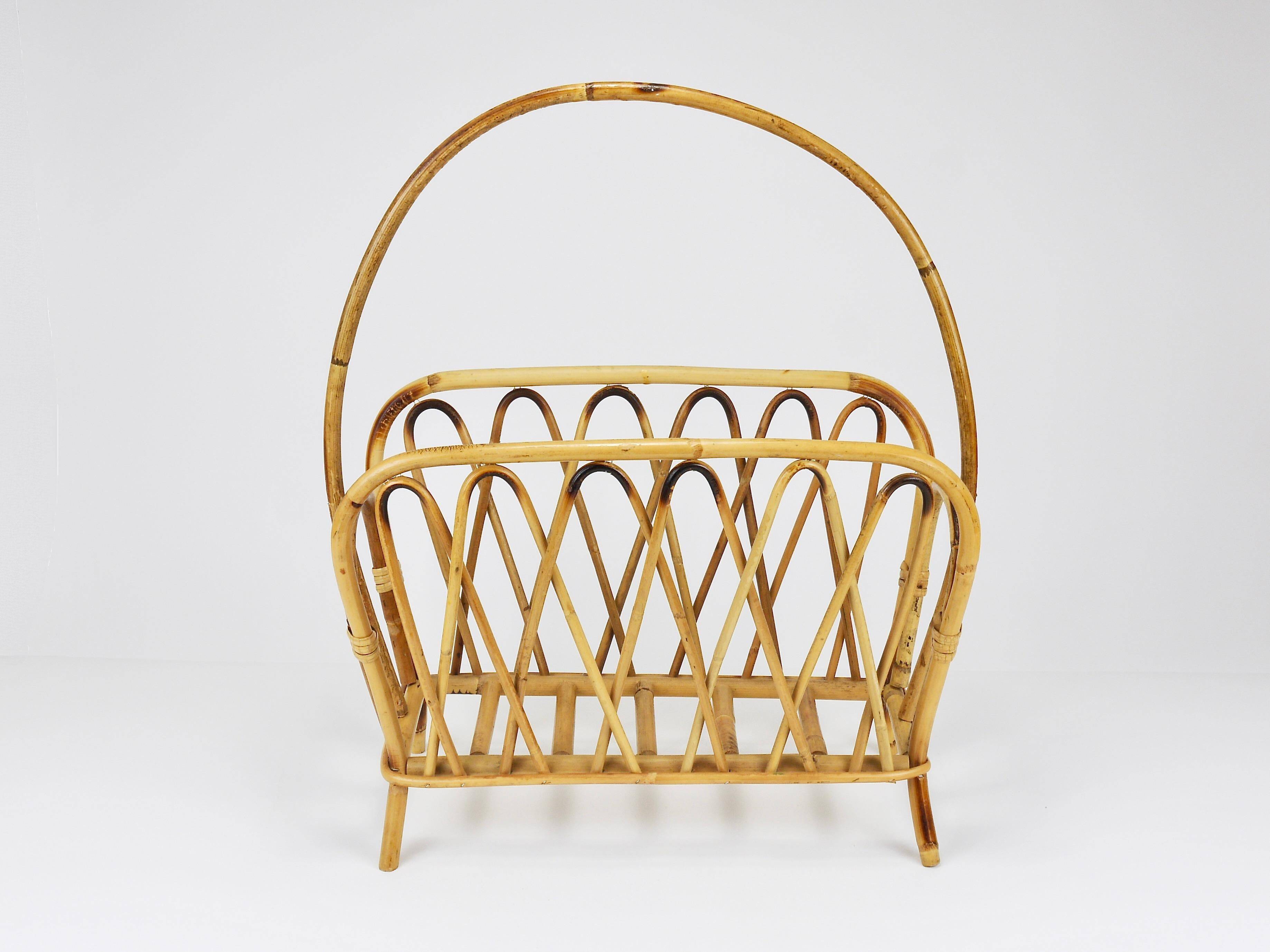 Bamboo and rattan magazine rack in the style of Franco Albini, Italy, 1970s.