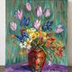 Tulips and iris, oil on canvas signed Gisèle Renaut 1978