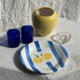 3 large Italian plates with blue stripes and lemons pattern