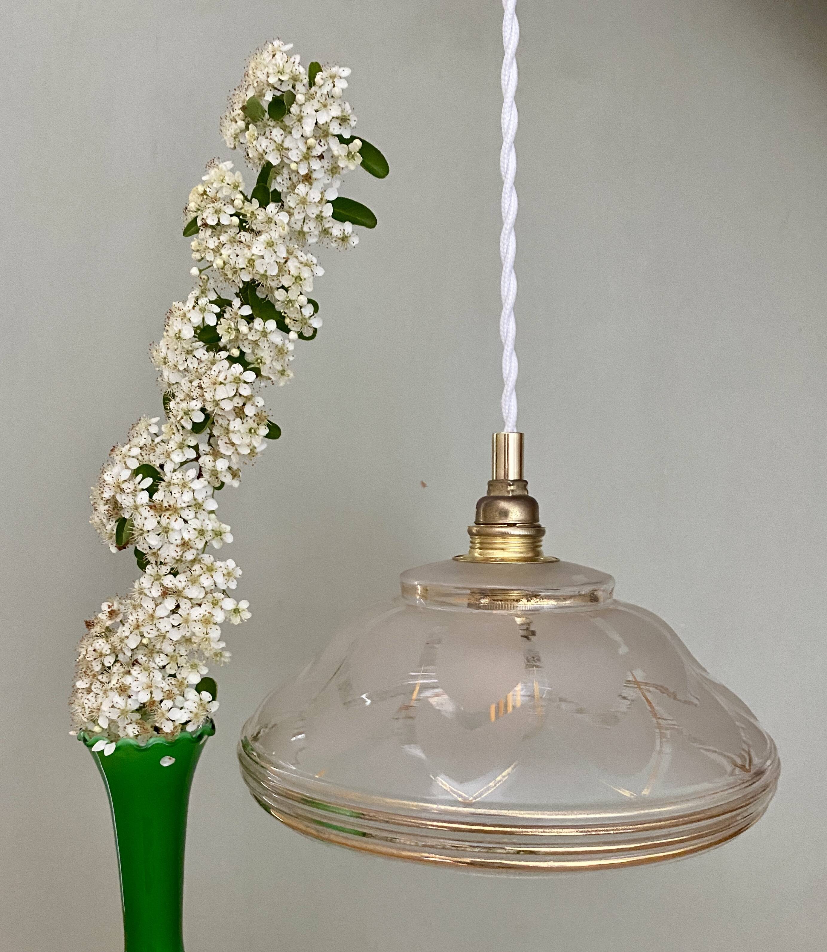 Vintage art deco lampshade pendant light in white and gold frosted glass