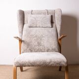 High armchair in curved beech and recent konkav fabric model by paul bode for federholz.