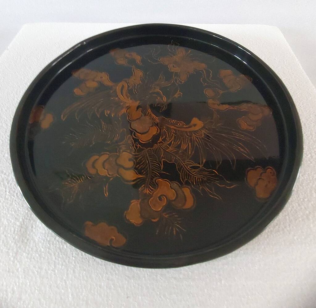 Japanese Art Round Lacquer Tray Gold Phoenix Bird Vintage
