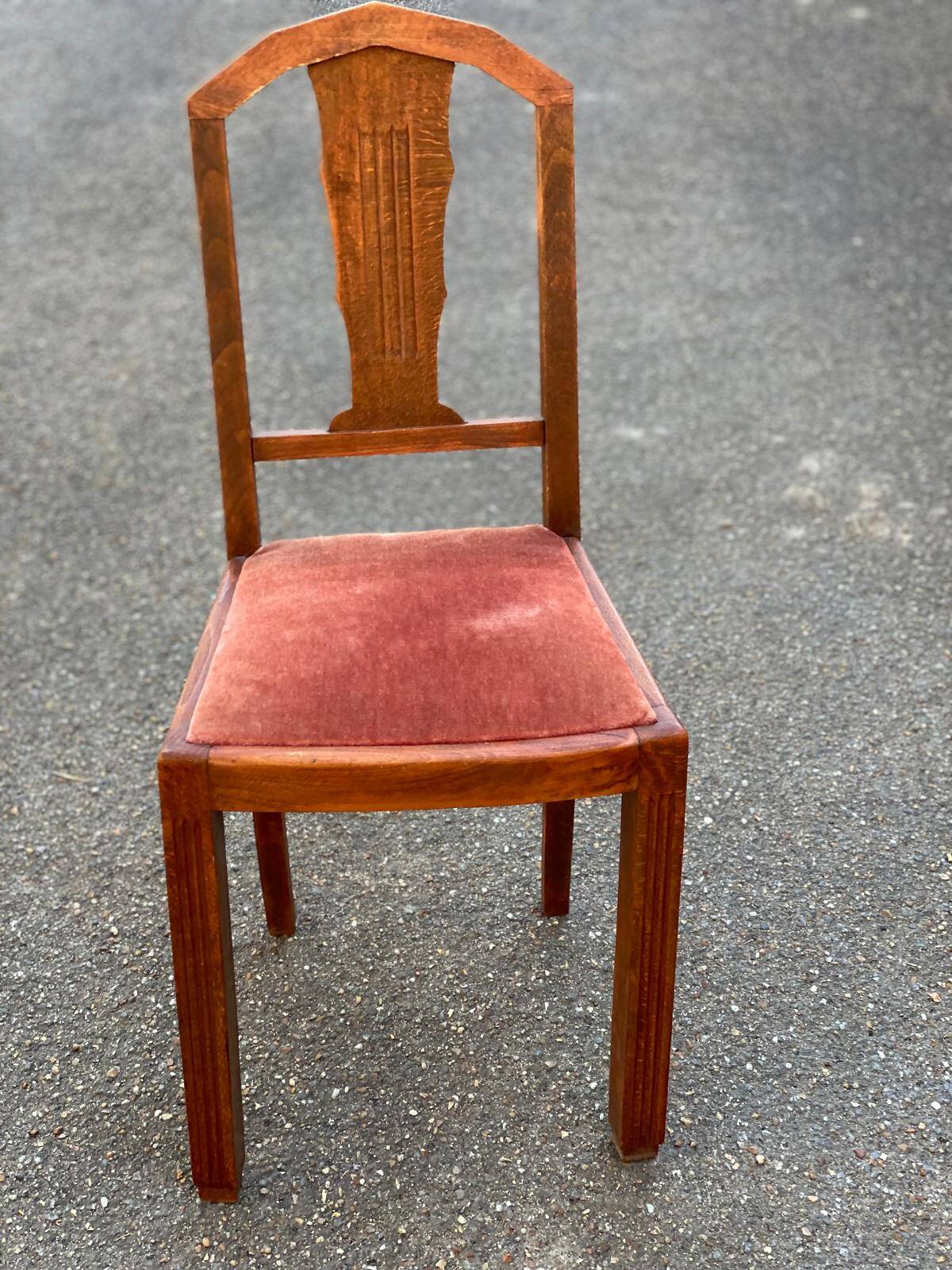 Art Deco chair in solid wood and burgundy velvet fabric