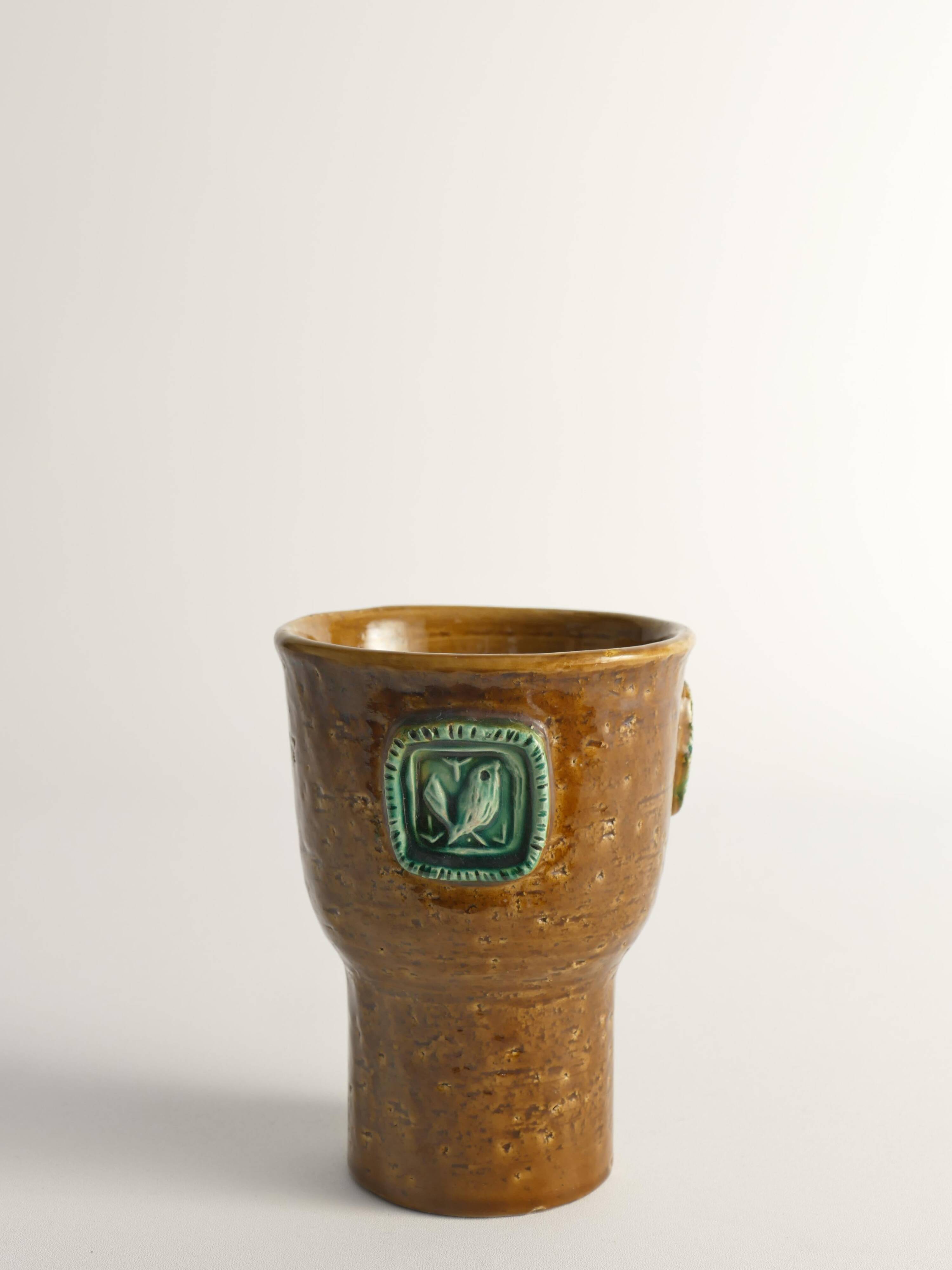 Vase en grès brun moutarde avec des oiseaux vert céladon par Aldo Londi pour Bitossi