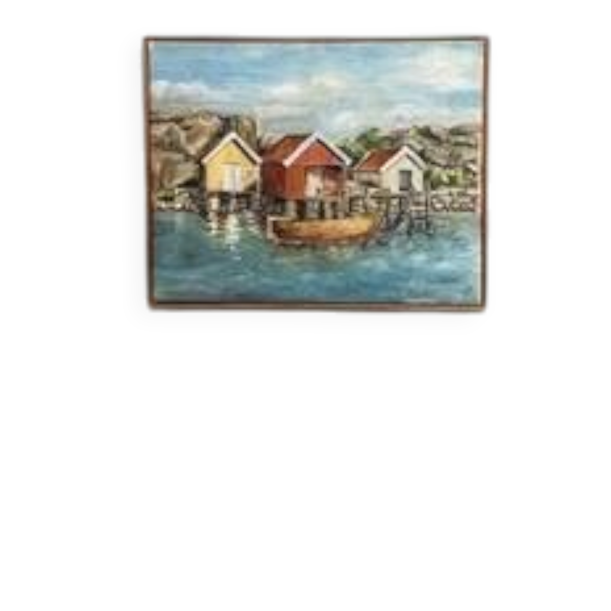 Mid-Century Oil on Canvas “houses with Boat” by Unknown, Vintage & Framed