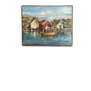 Mid-Century Oil on Canvas “houses with Boat” by Unknown, Vintage & Framed