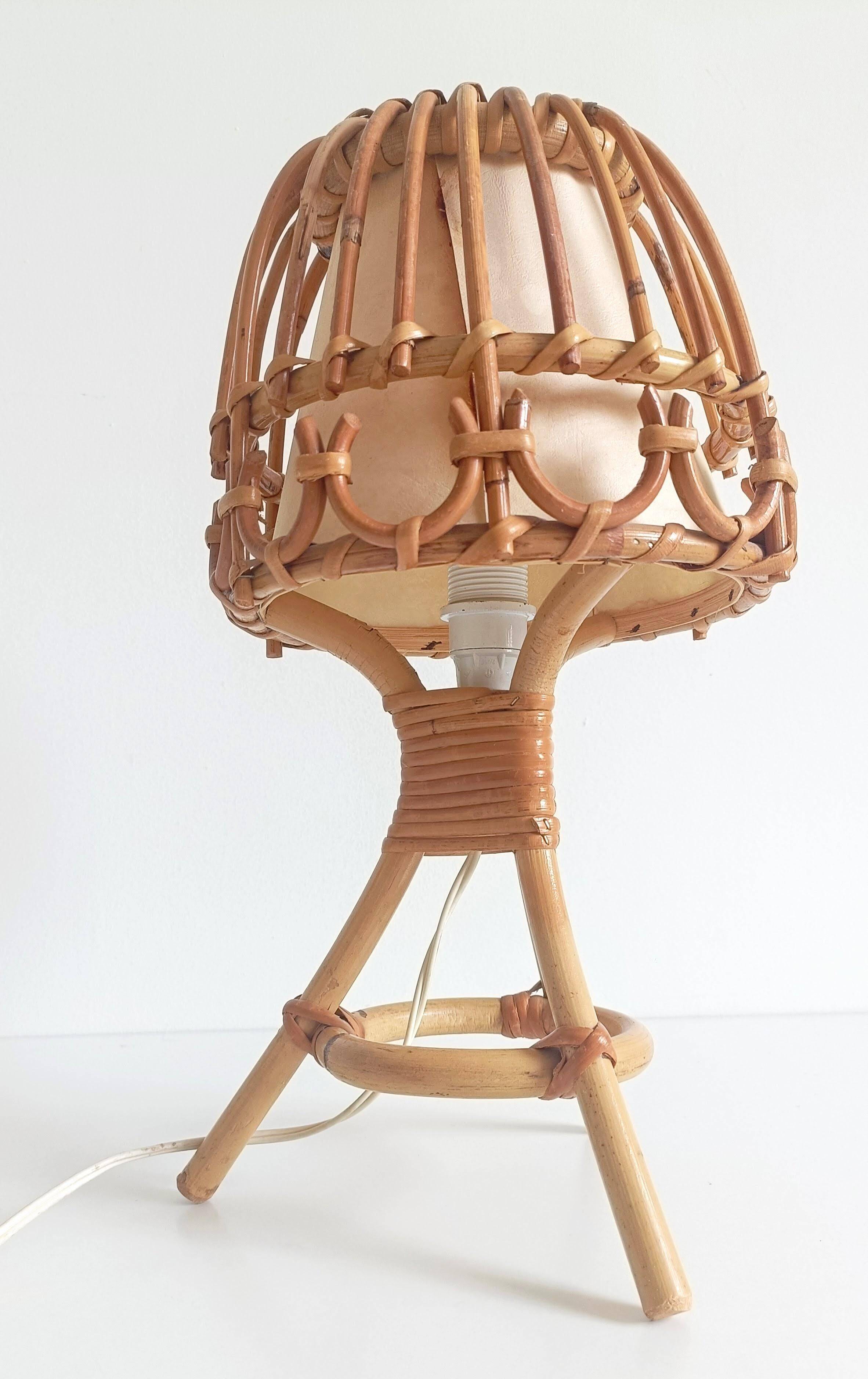 Midcentury Bamboo and Rattan Table Lamp, Attributed to Louis Sognot