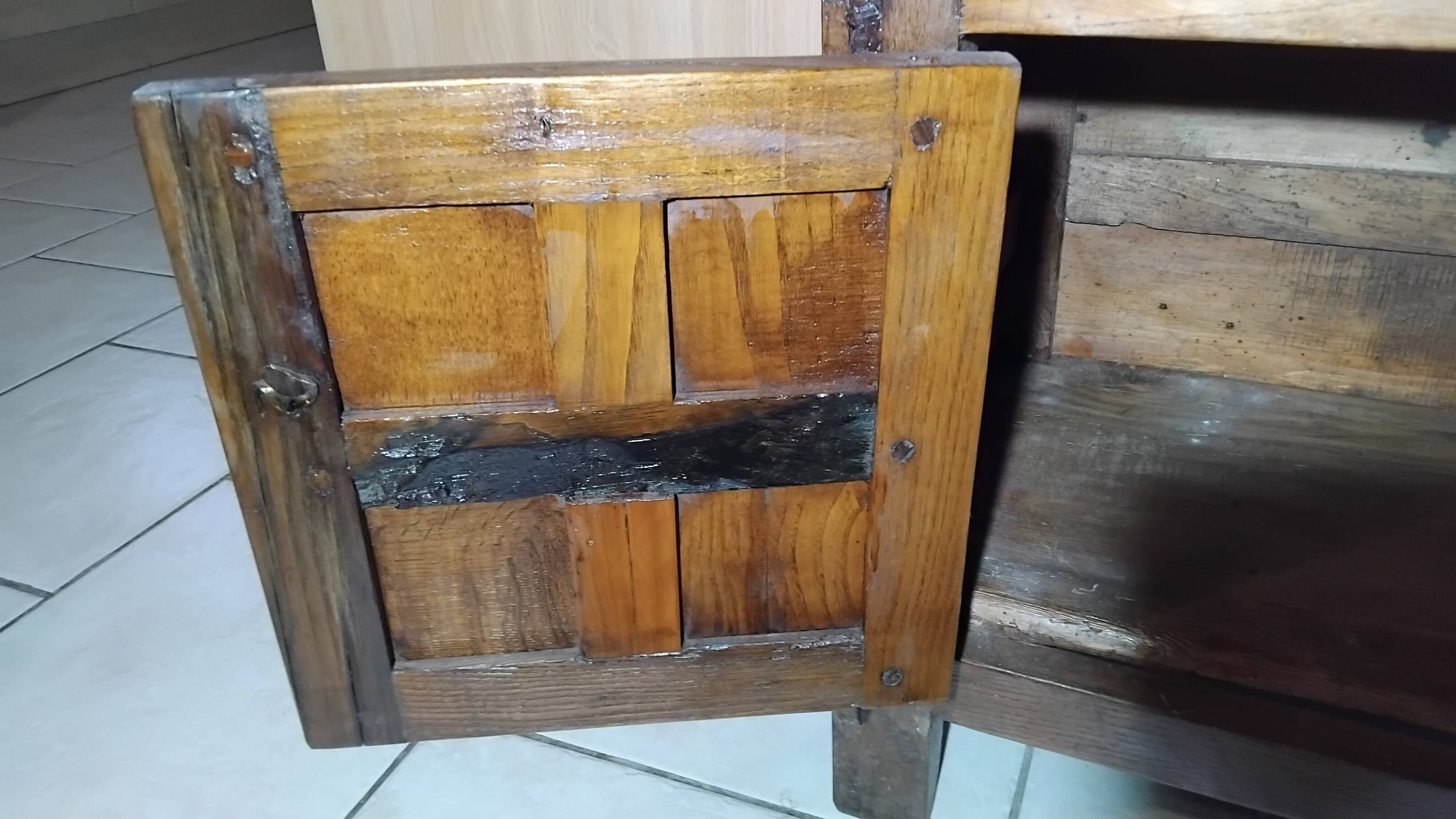 Small vintage brutalist solid oak jam cupboard with wrought iron trim