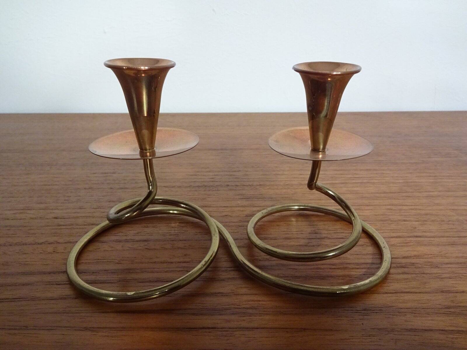 German filigree brass and copper candleholders, 1960s, set of 3