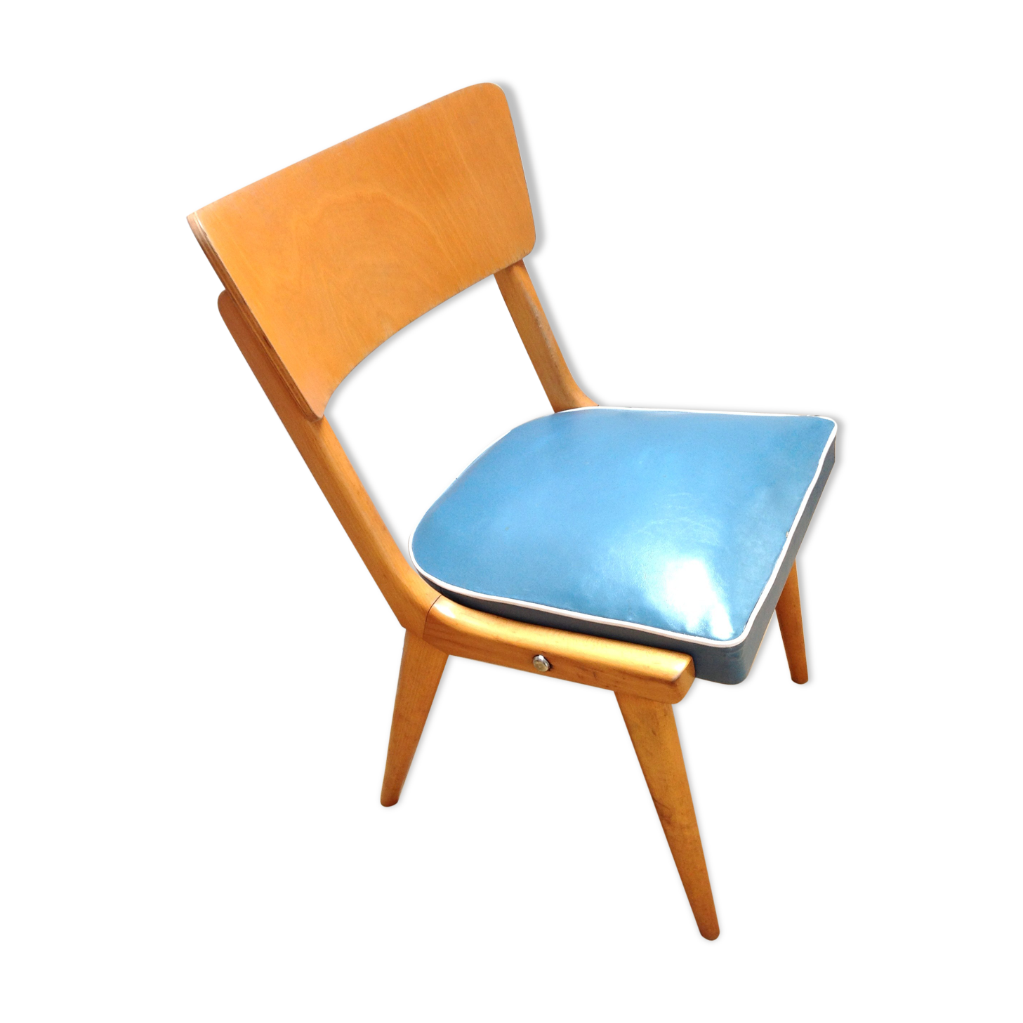 Chaise pieds compas style scandinave en hetre et simili cuir bleu / vintage années 50-60