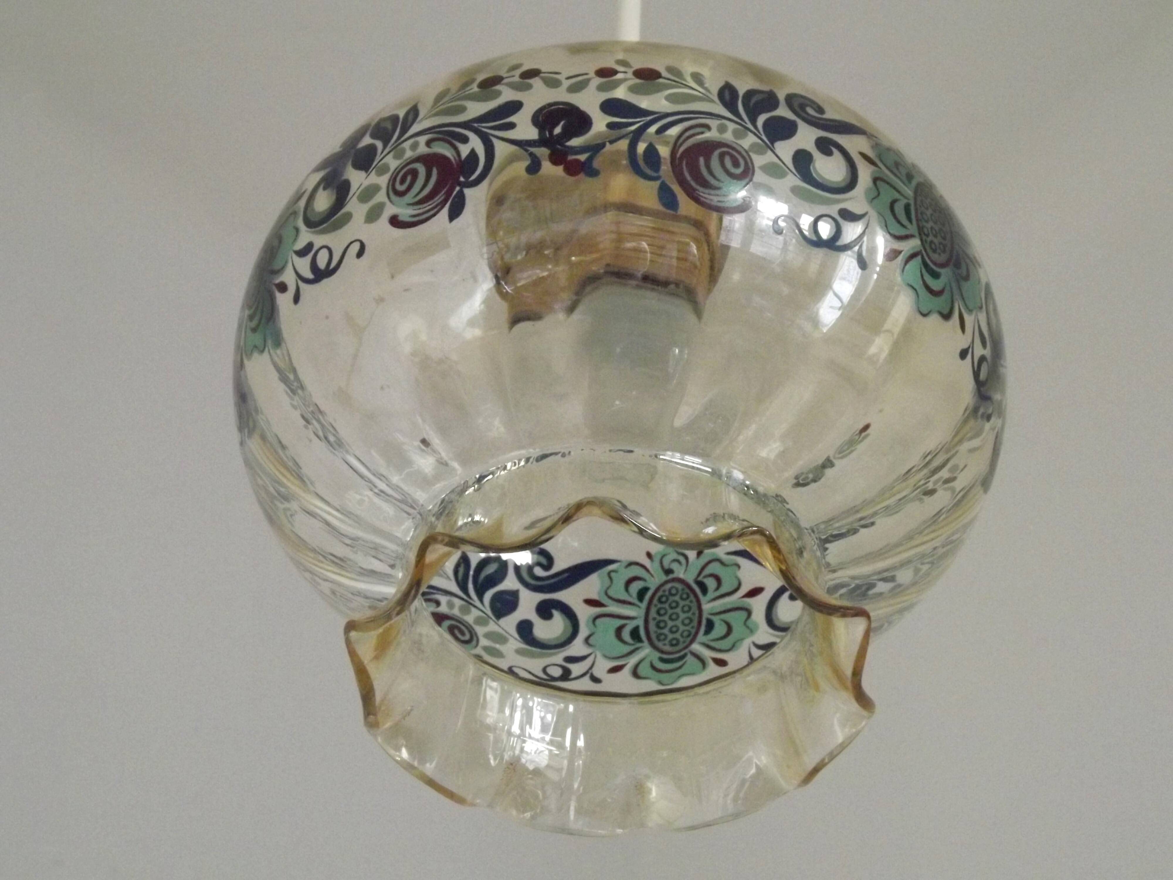 French Vintage Clear Glass Ceiling Light with Colourful Floral Decoration