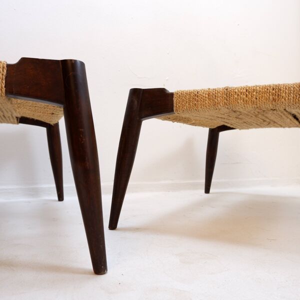 Paire de fauteuils lounge en corde de jute tressée et bois massif