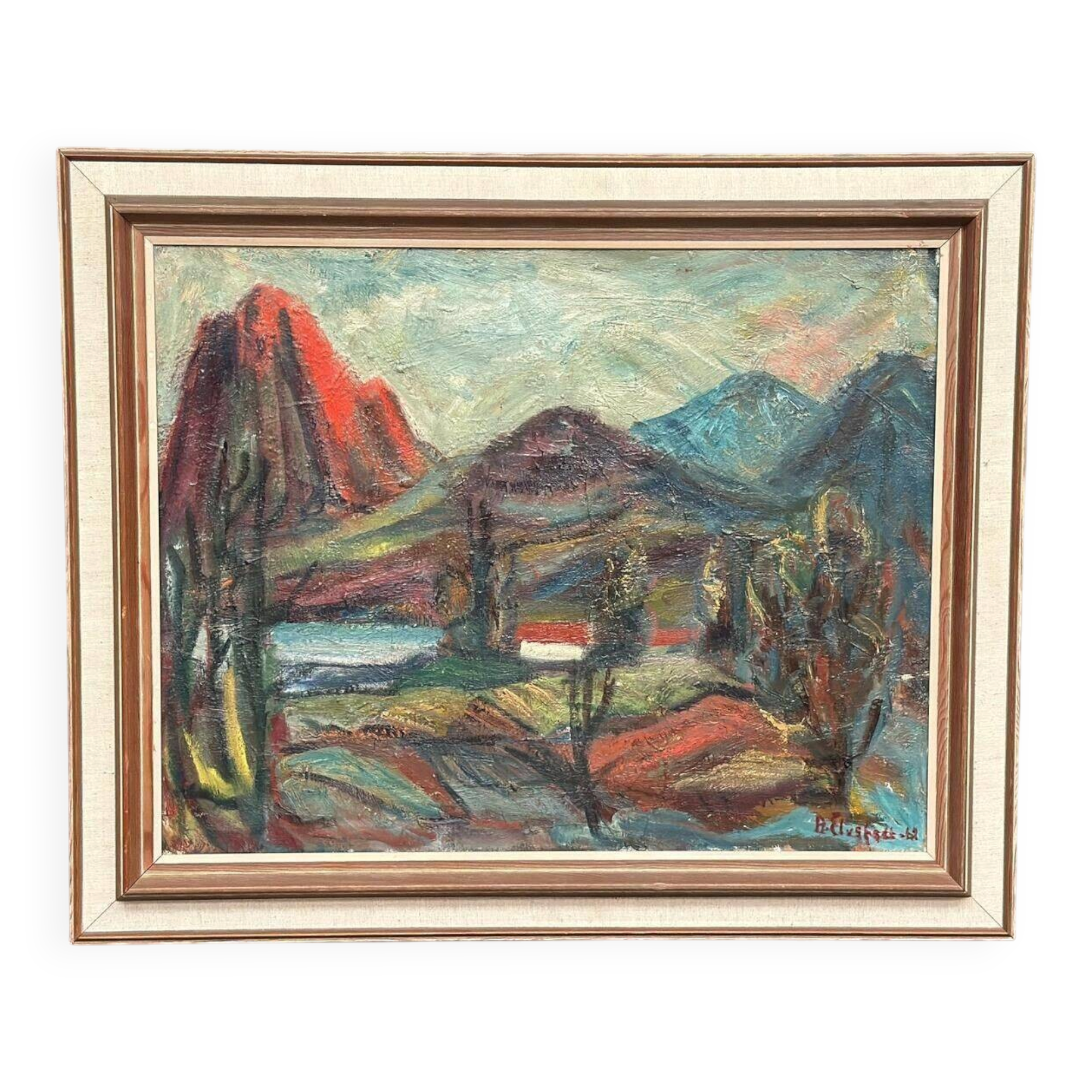 Original Mid Century Swedish Oil On Canvas – “Hut Between Hills” By B. Elvsfedt – 1962 – Vintage & Framed – 83 × 70 Cm (32.7" × 27.6")