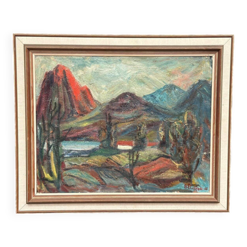 Original Mid Century Swedish Oil On Canvas – “Hut Between Hills” By B. Elvsfedt – 1962 – Vintage & Framed – 83 × 70 Cm (32.7" × 27.6")