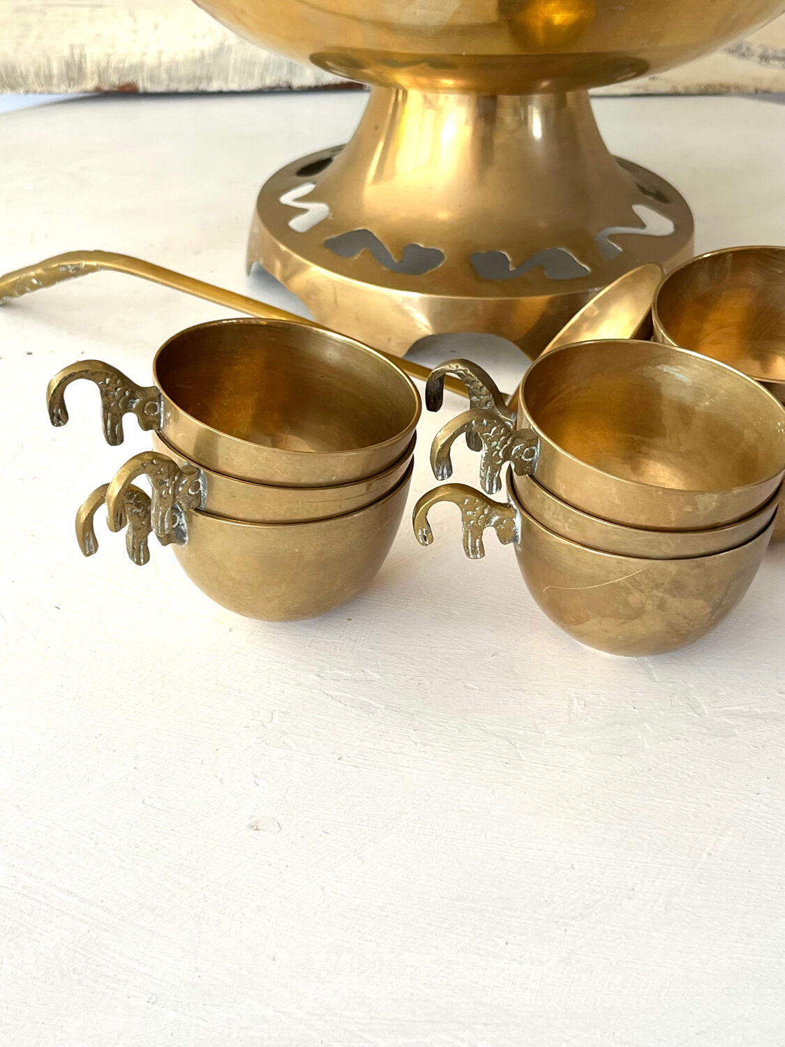 Brass Punch Bowl Set with 12 Cups, Ladle – French Vintage Mid-Century