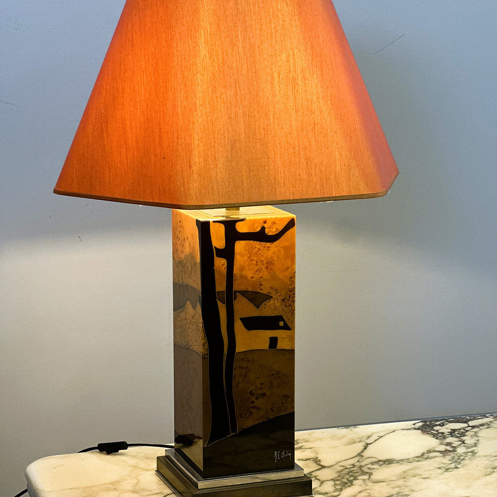 Rare 1970s Jean-Claude Mahey table lamp in burl wood with abstract inlay