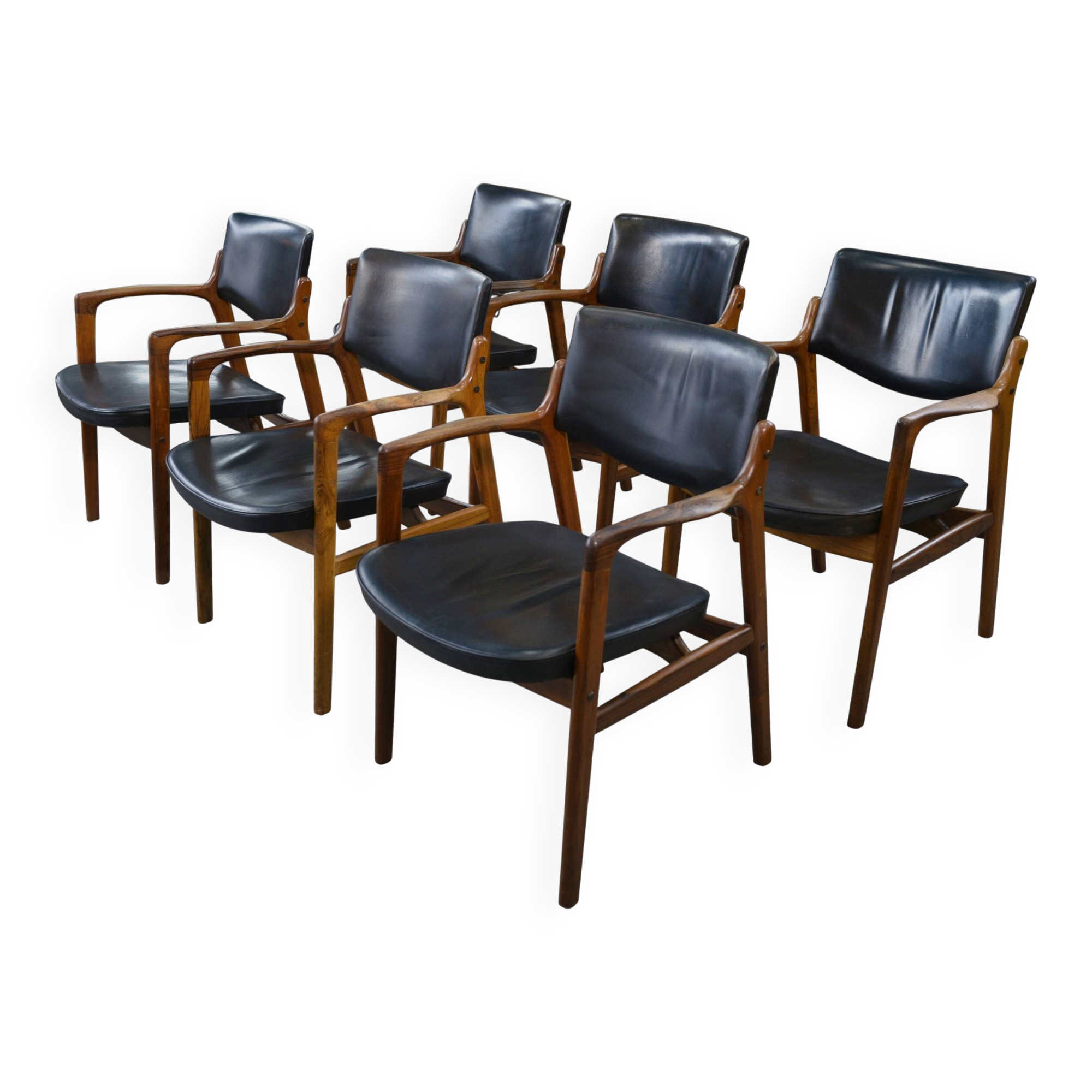 Set of 6 Scandinavian armchairs in leather and rosewood by Gondo Gravesen for Atelier Bondo Gravesen Snedkerier 1960s.