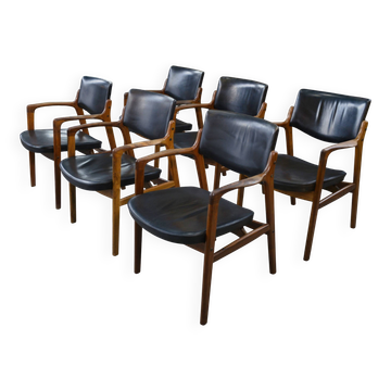 Set of 6 Scandinavian armchairs in leather and rosewood by Gondo Gravesen for Atelier Bondo Gravesen Snedkerier 1960s.
