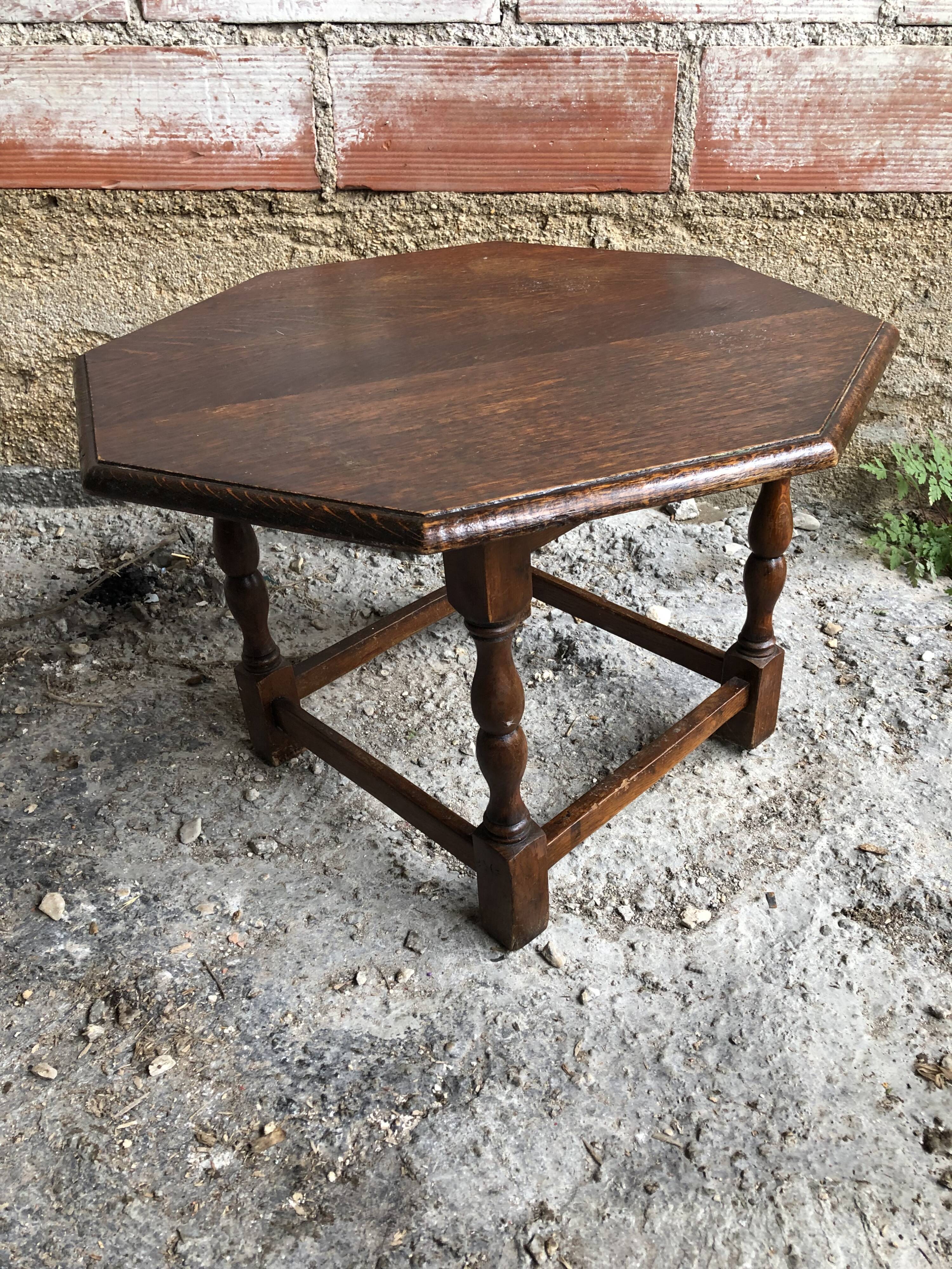 Old octagonal coffee table wood turned feet vintage