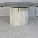 Living table, Comblanchian stone base and elliptical tray in smoked glass, Italy, 1970